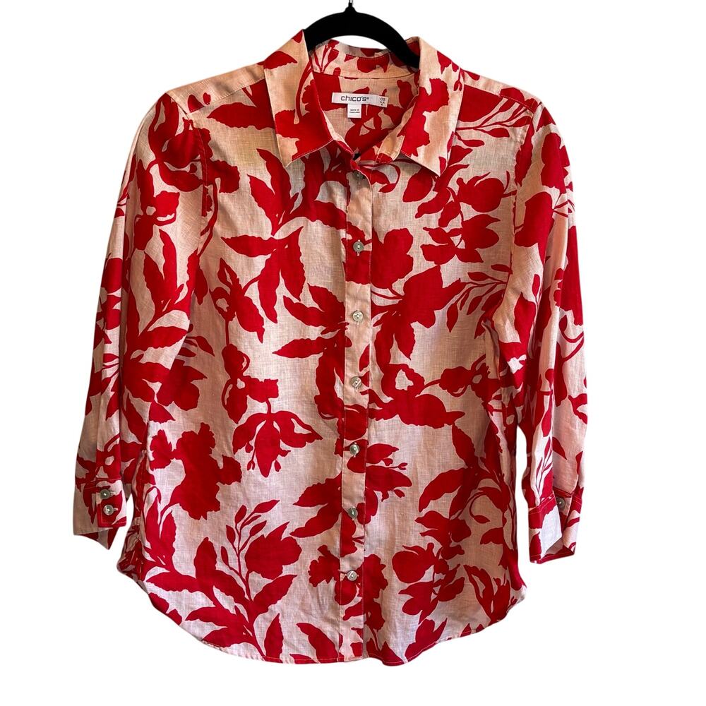 Chico's Red & Pink Tropical Floral Print Linen Button Down Shirt - 0.5 (US 6)